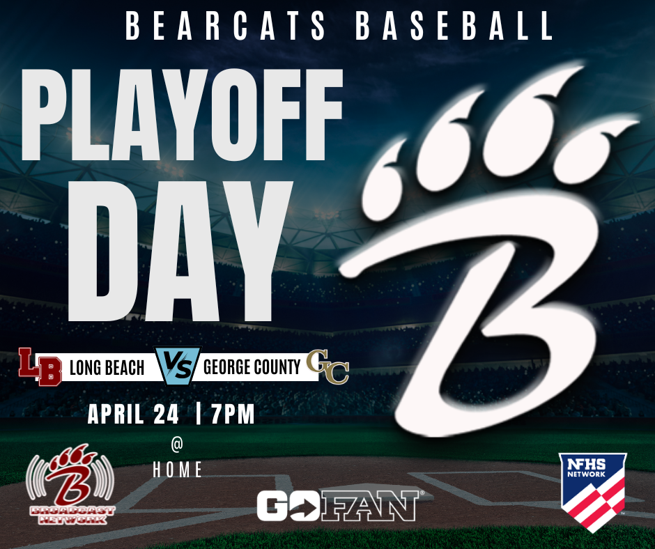 Promotional graphic for the 2026 MHSAA Baseball Playoffs featuring George County versus Long Beach High School. The background shows a baseball field with players near the pitcher’s mound and home plate. In the foreground, a large stylized “GC” logo for George County appears on the left and a stylized “B” logo with claw marks for Long Beach High School appears on the right. A circular “VS” emblem sits between the two logos. Text reads: “NFHSNETWORK.COM — 2026 MHSAA Baseball Playoffs George County vs. Long Beach High School – 04/24/2026 | Live & On…”